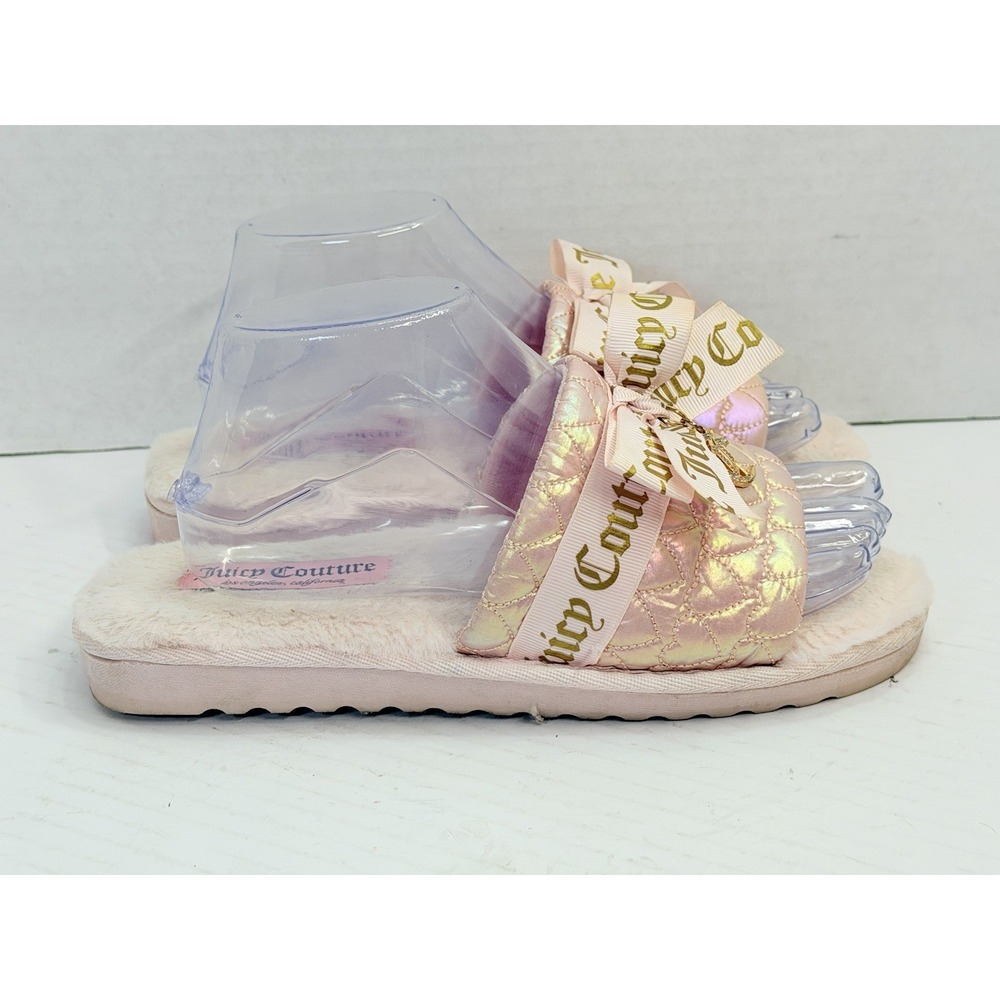 Juicy Couture Hasen Slide Slippers Pink Iridescent Bow Women's Size M 6.5-7.5